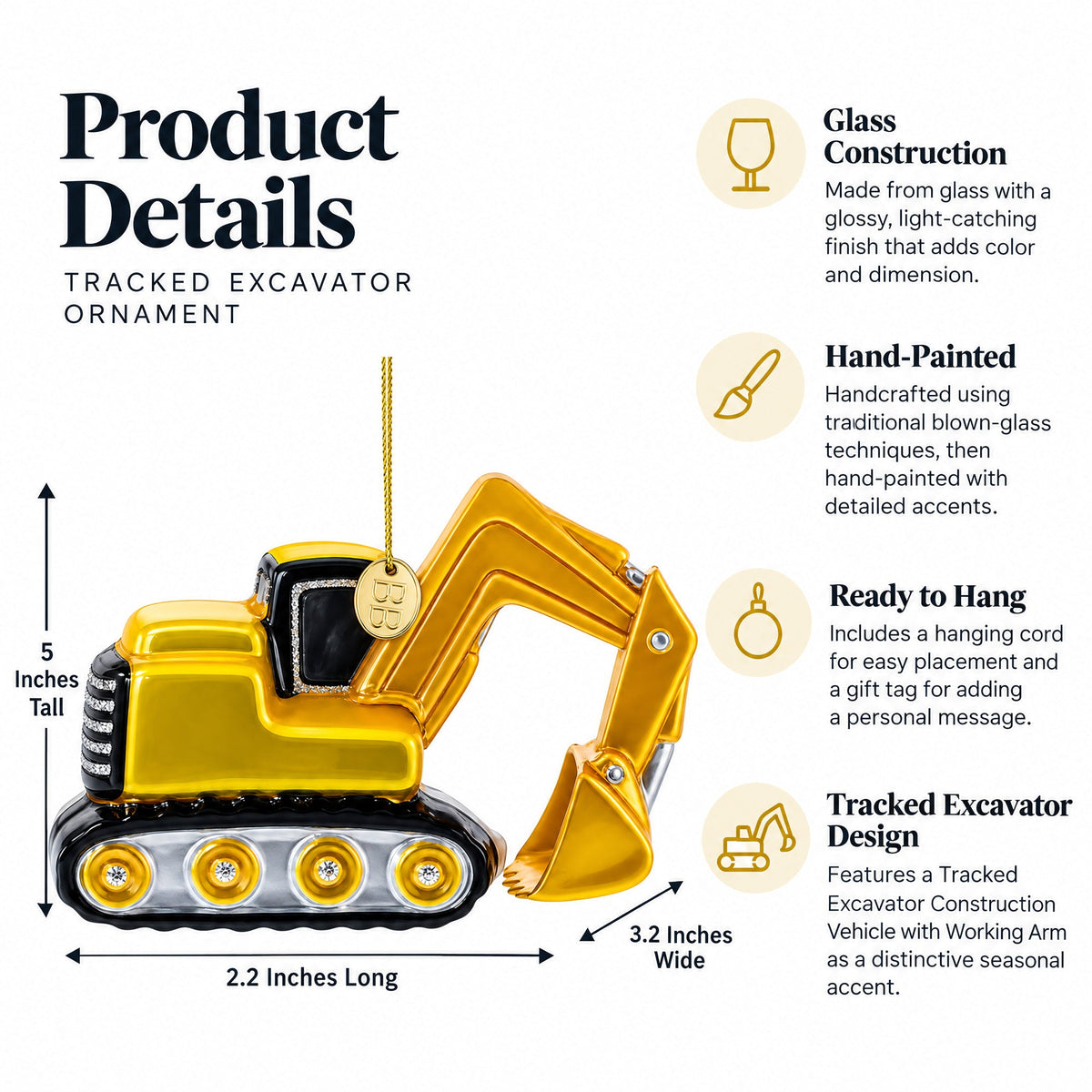 Tracked Excavator Construction Vehicle Glass Christmas Ornament