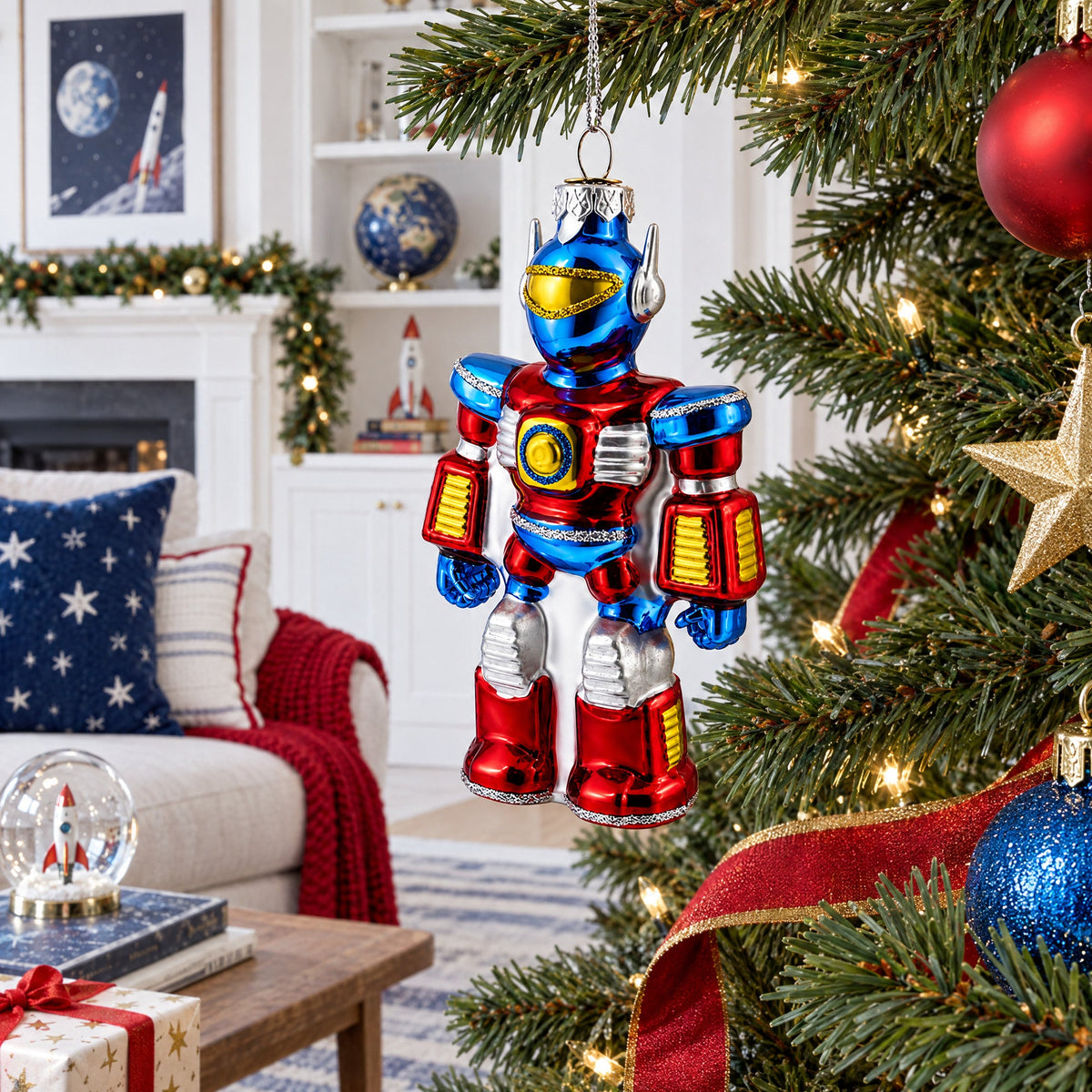 Battle Robot with Power Core Bot Glass Christmas Ornament