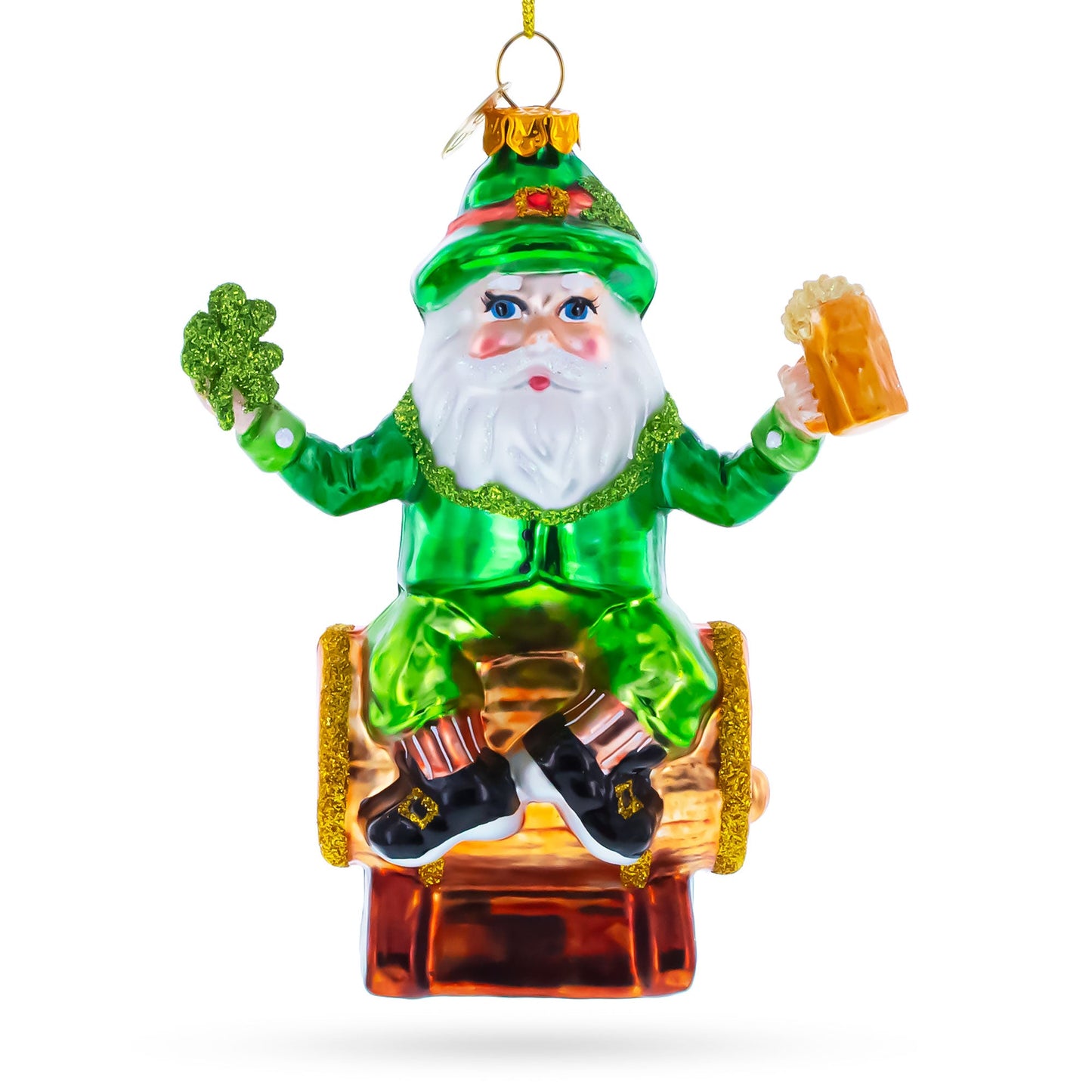 Irish Leprechaun Gnome Santa Holding Beer and Shamrock Glass Christmas Ornament