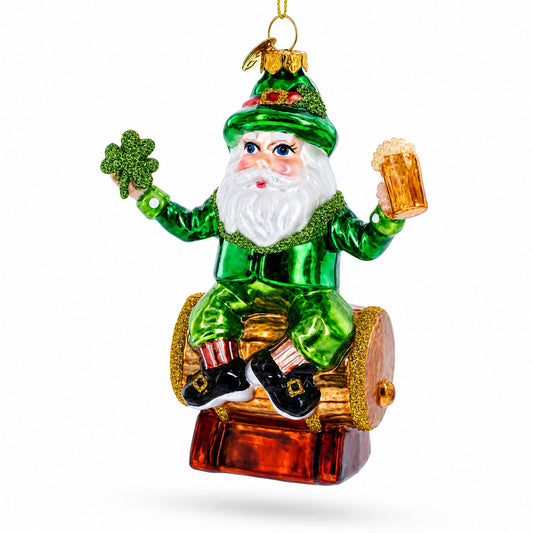 Irish Leprechaun Gnome Santa Holding Beer Shamrock Glass Christmas Ornament
