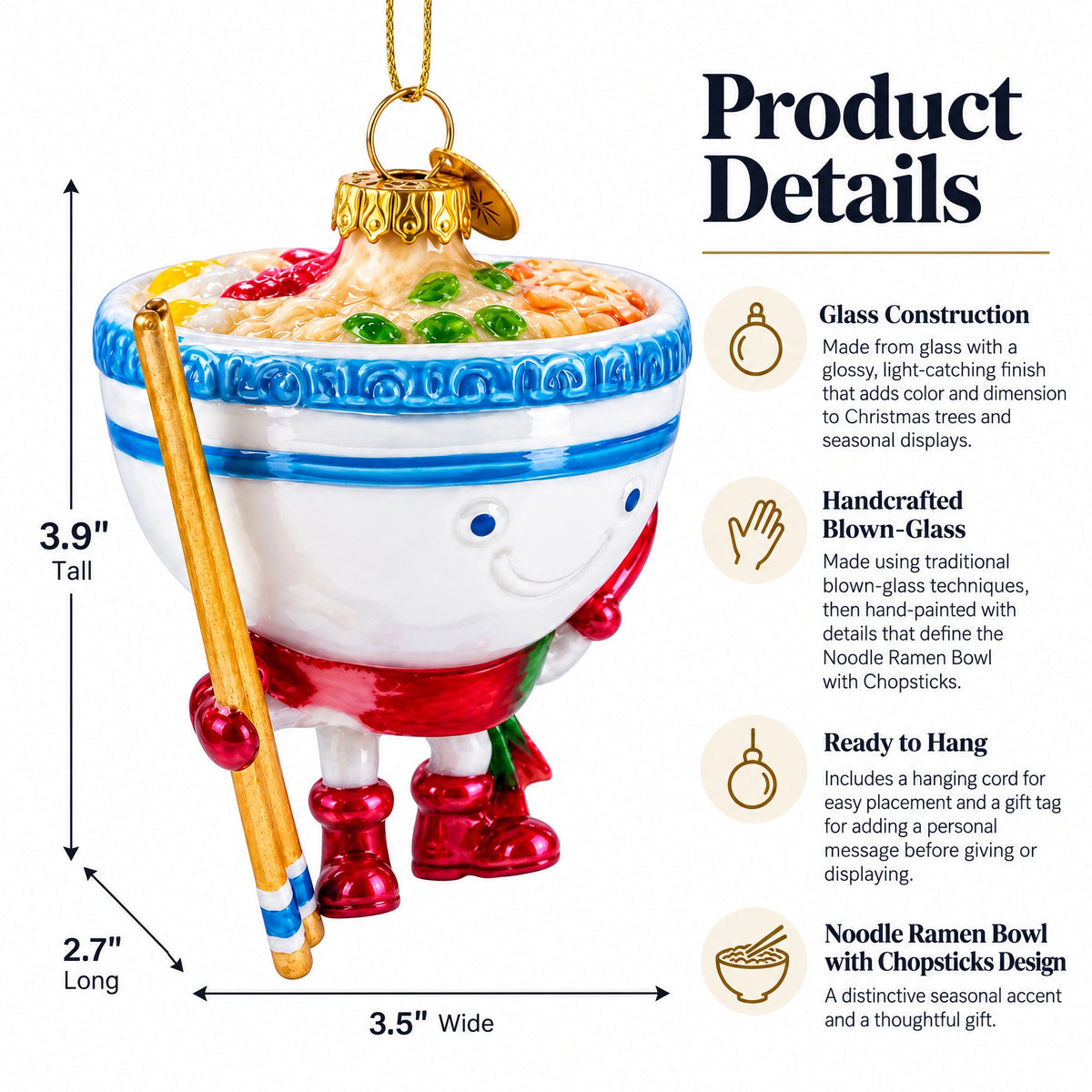 Noodle Ramen Bowl with Chopsticks Glass Christmas Ornament