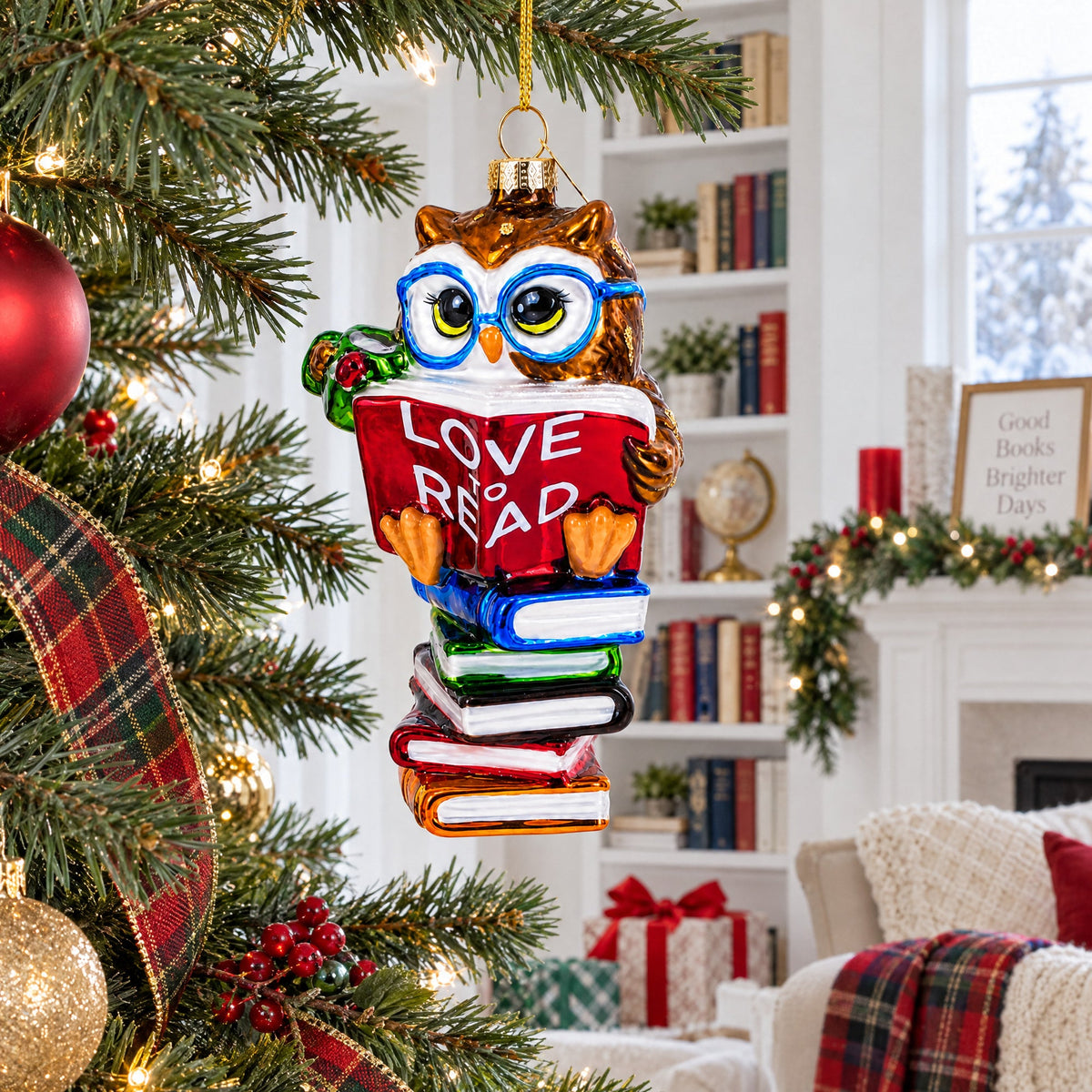 Love to Read Wise Owl with Books Glass Christmas Ornament