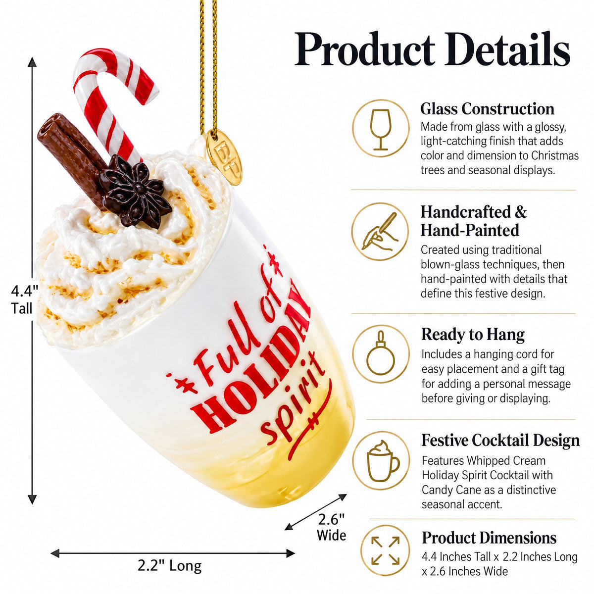 Whipped Cream Holiday Spirit Cocktail Candy Cane Glass Christmas Ornament