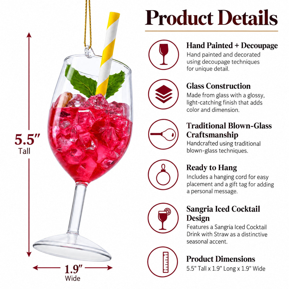 Sangria Iced Cocktail Drink with Straw Glass Christmas Ornament
