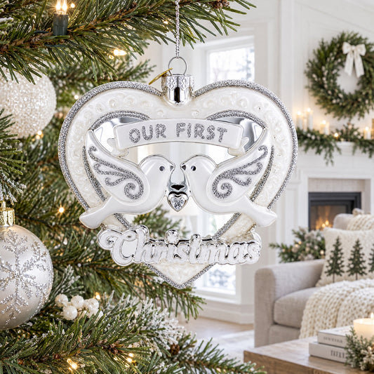 Our First Christmas Romantic Lovebirds Heart Glass Christmas Ornament