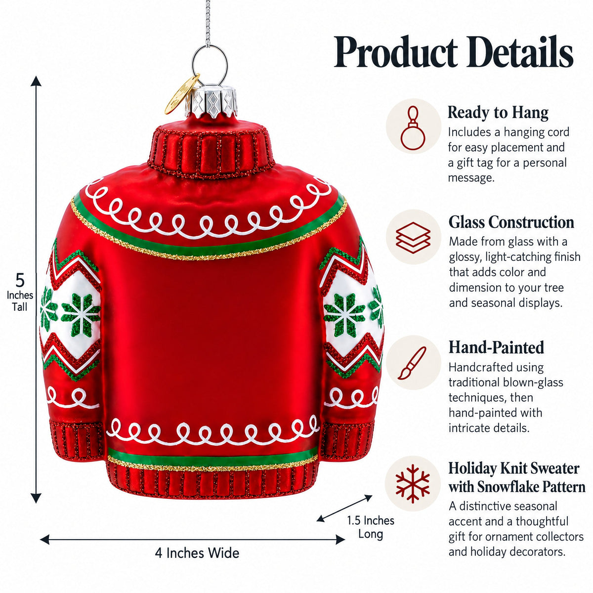 Holiday Knit Sweater with Snowflake Pattern Glass Christmas Ornament