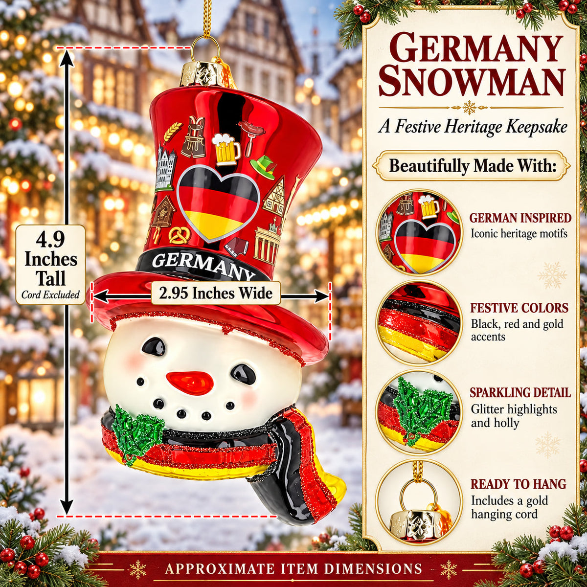 Germany Flag Red Hat Snowman Head Glass Christmas Ornament