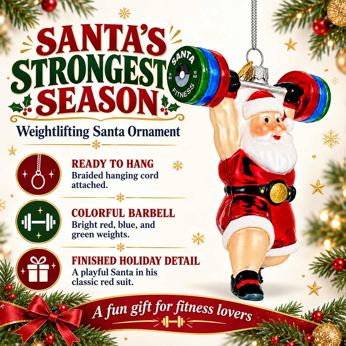 Weightlifting Santa Claus Gym Barbell Glass Christmas Ornament