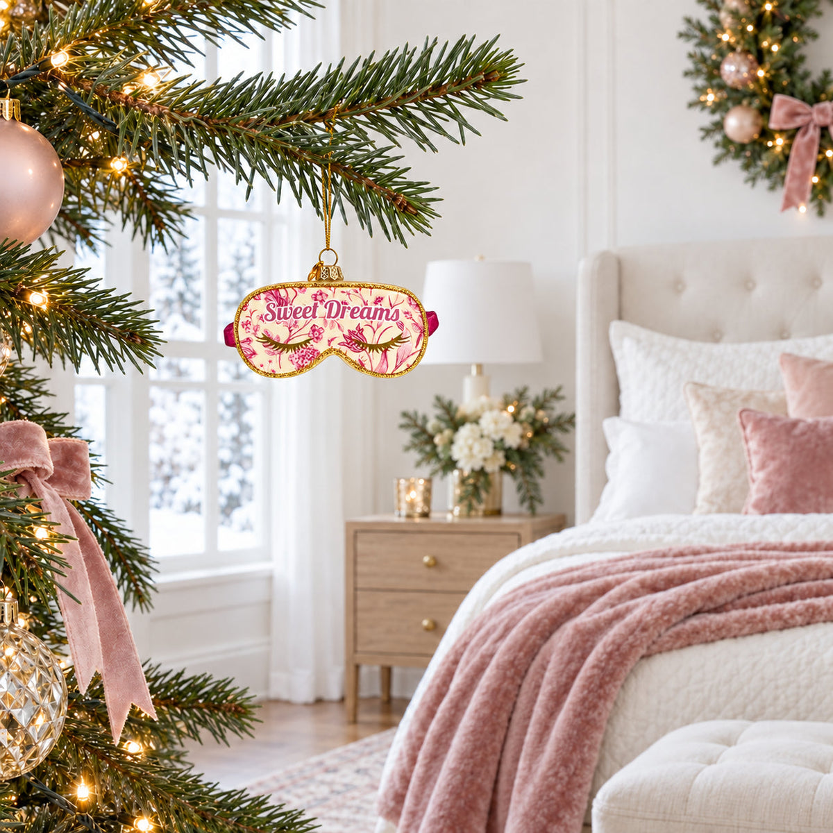 Pink Sleeping Mask with Eyelashes Glass Christmas Ornament