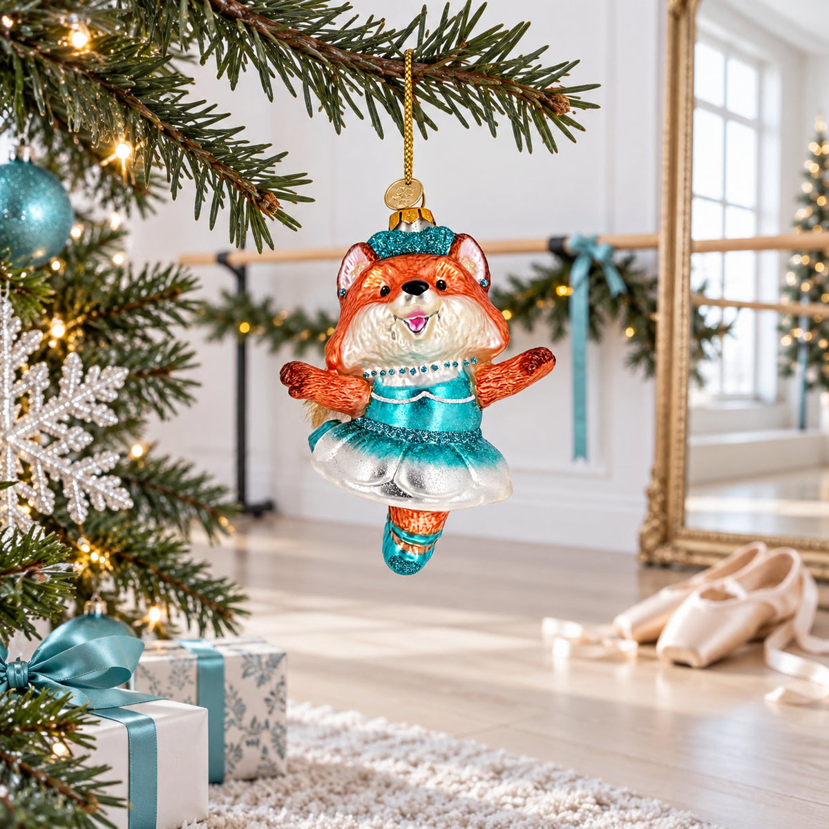 Dancing Fox Ballerina Blue Tutu Furry Tail Glass Christmas Ornament