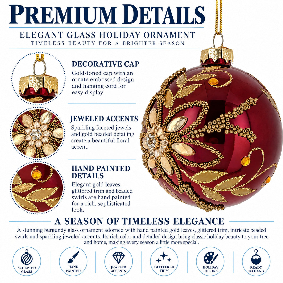 Burgundy Glass Round Gold Leaf Crystal Christmas Ornament