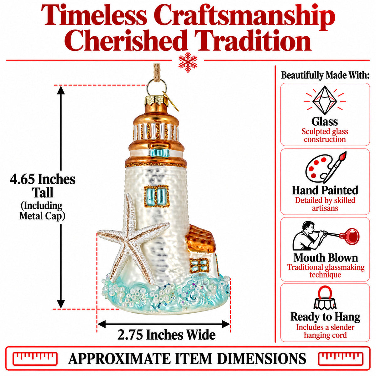 Nautical Lighthouse With Starfish Glass Christmas Ornament