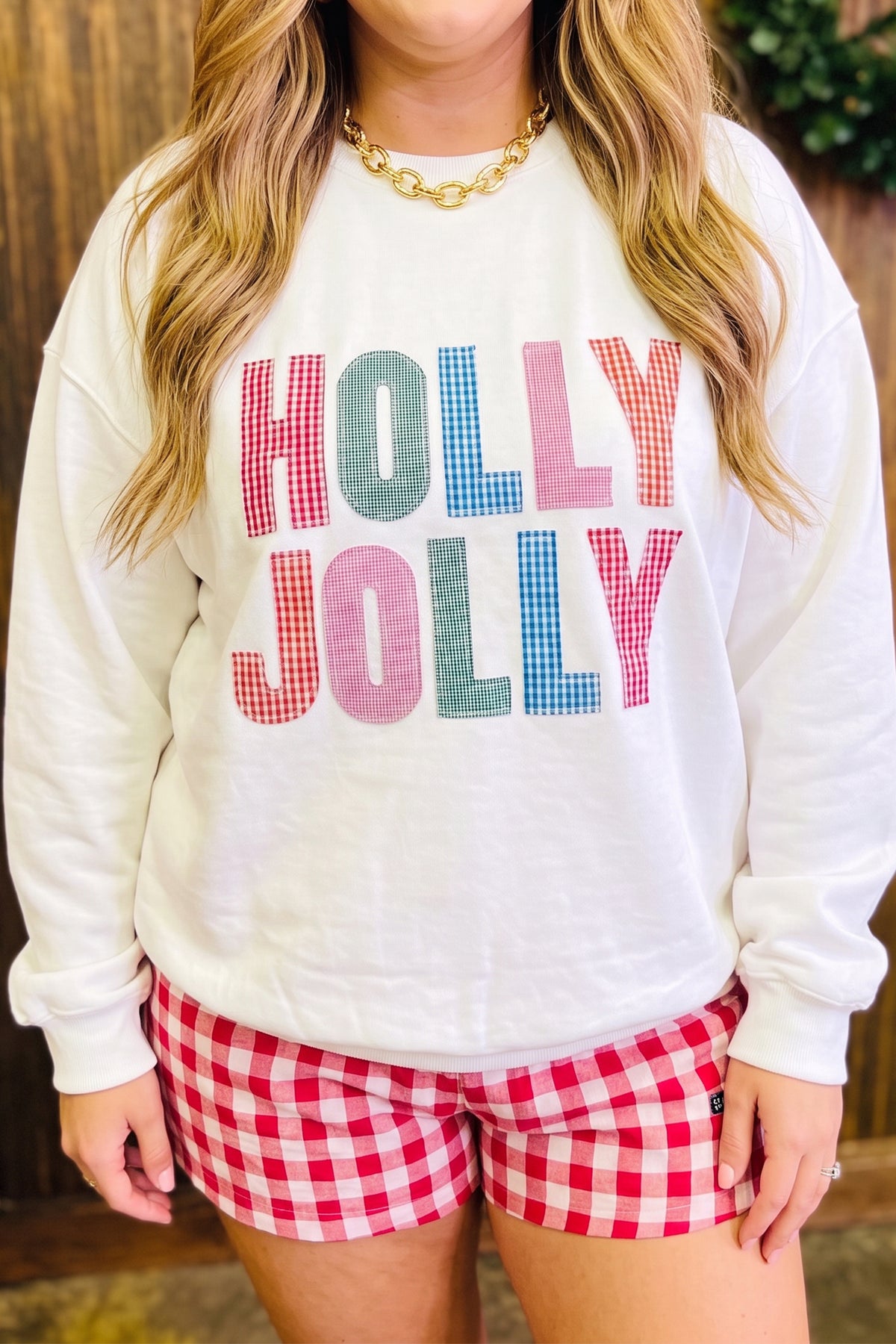 White HOLLY JOLLY Gingham Letter Graphic Plus Size Christmas Sweatshirt