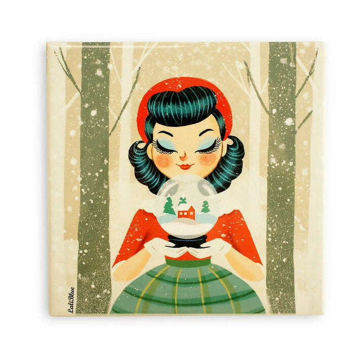 Decorative Tile Girl with Snow Globe by Laliblue