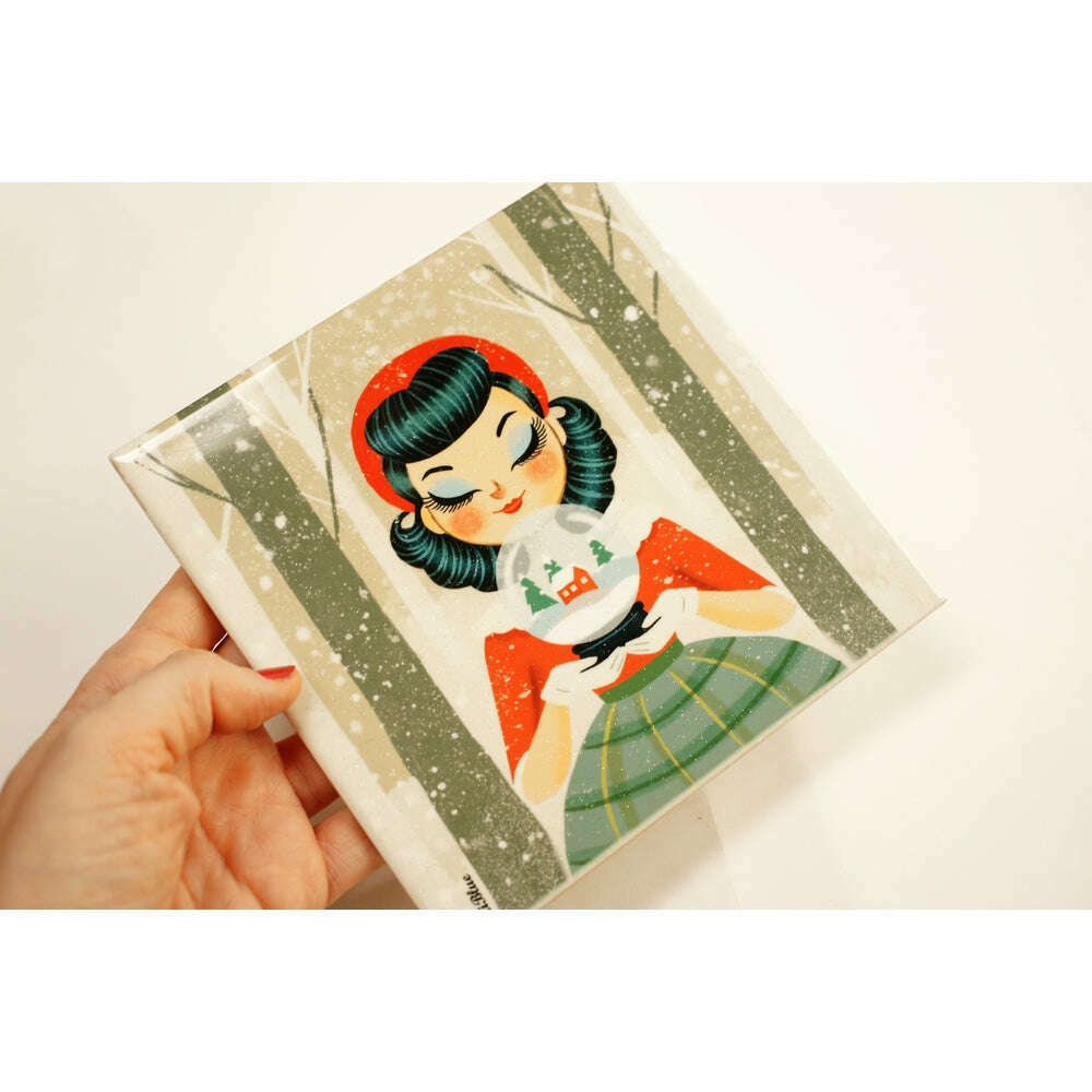 Decorative Tile Girl with Snow Globe by Laliblue