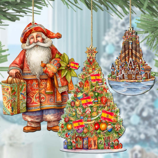Santas Around the World - Spanish Inspired Santa - Eco Wood Ornaments Set of 3 by G. DeBrekht Christmas Santa Snowman Decor - 8091305S3