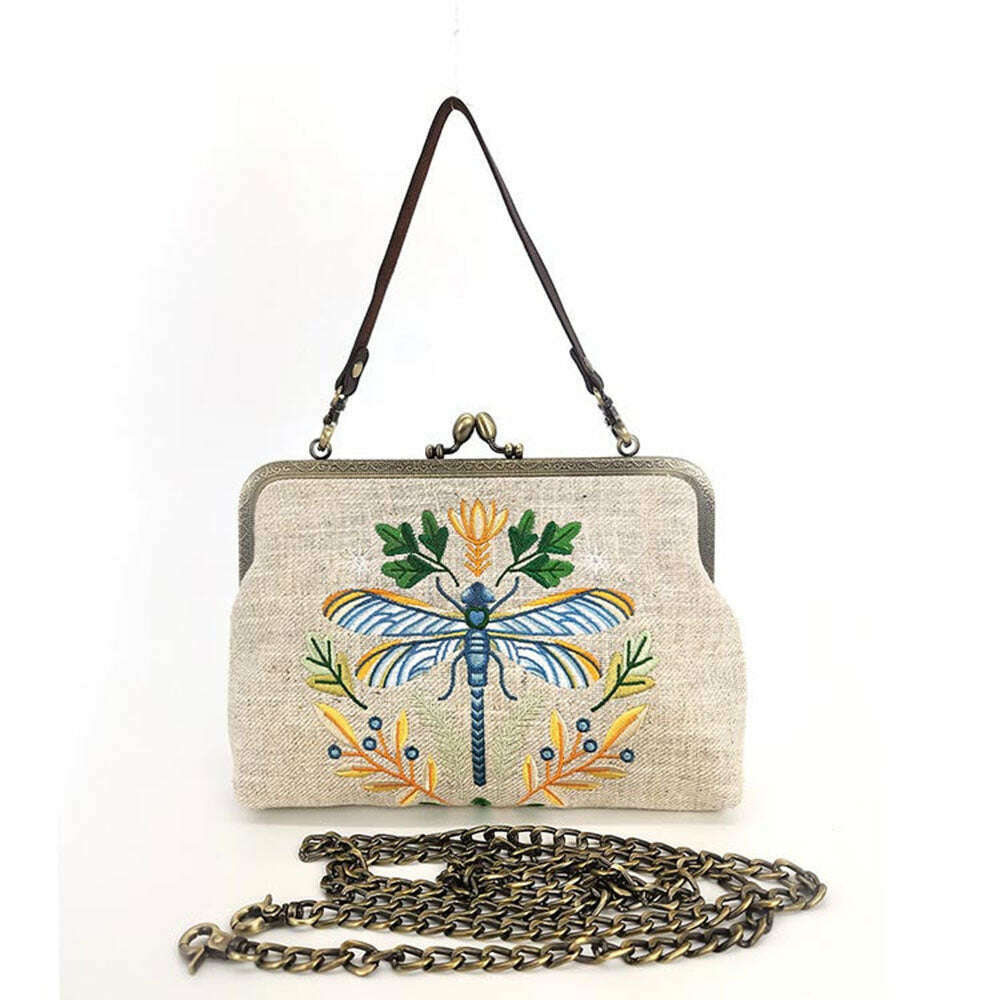 Dragonfly Embroidered Vintage-Style Kisslock Handbag : Beige