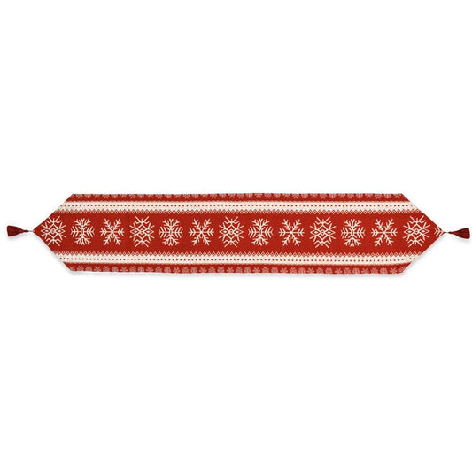 a red and white table runner