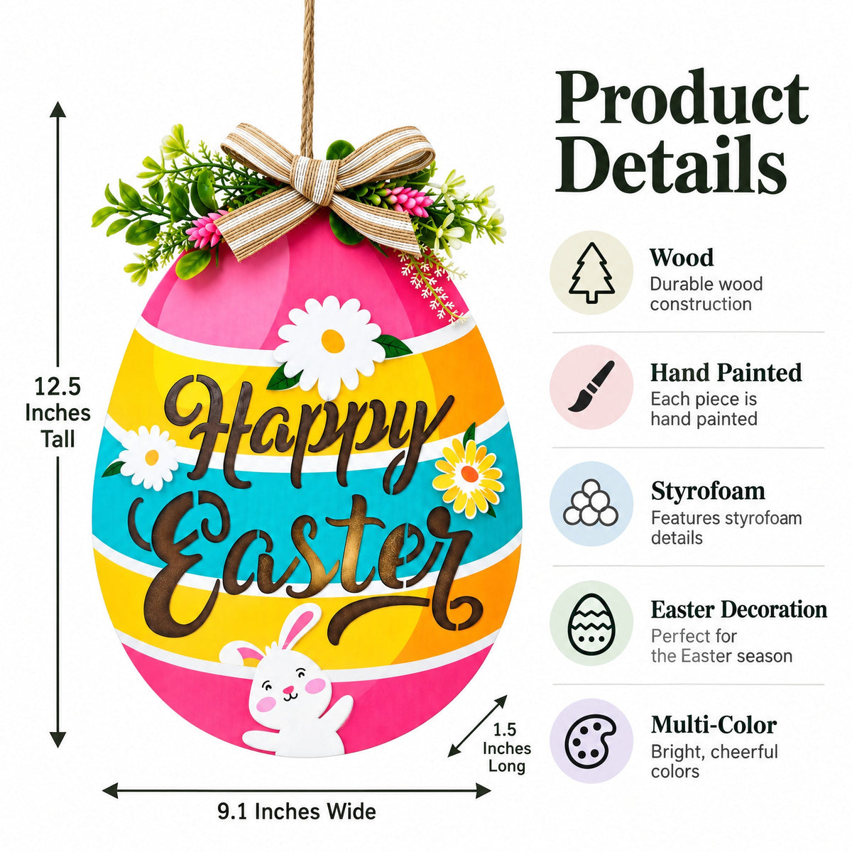 Illuminated LED Wooden Easter Egg Hanging Decor 12.5 Inches Tall
