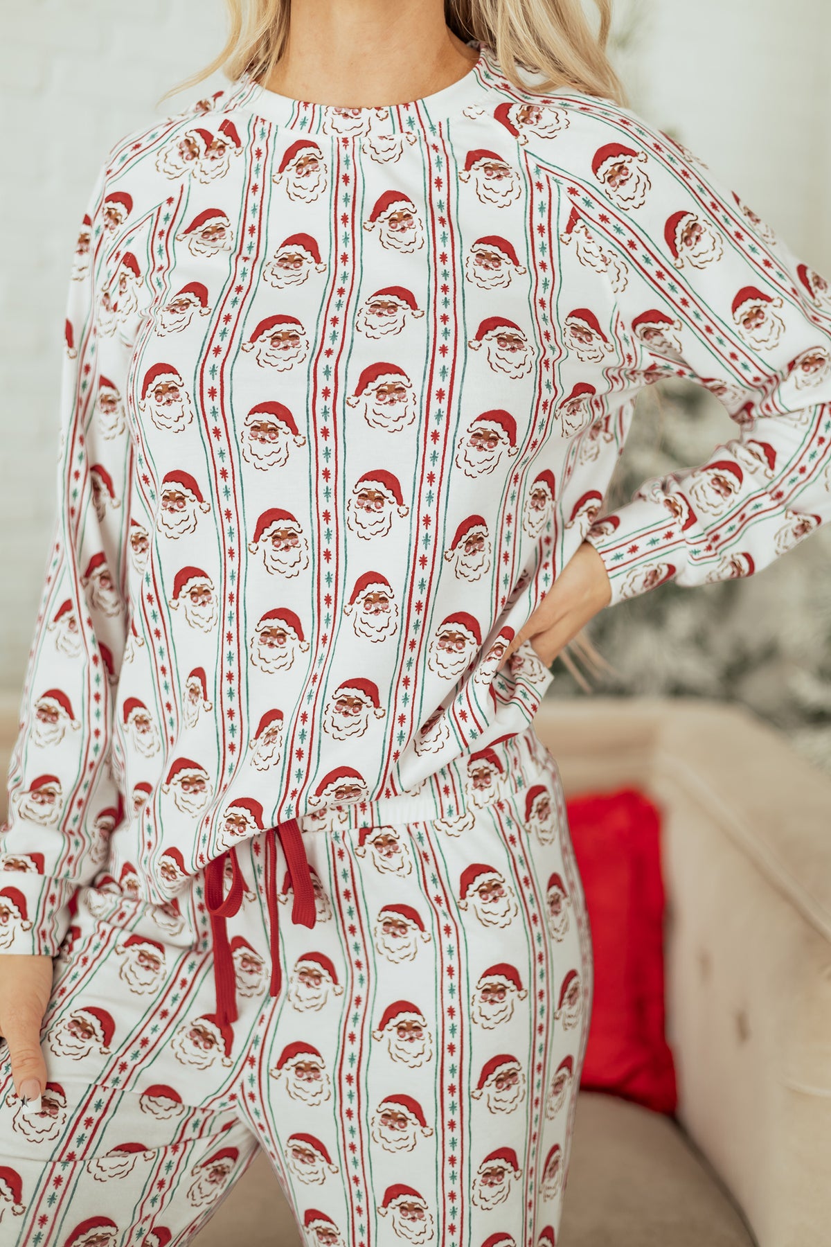 White Father Christmas Striped Print Contrast Drawstring Lounge Pant Set