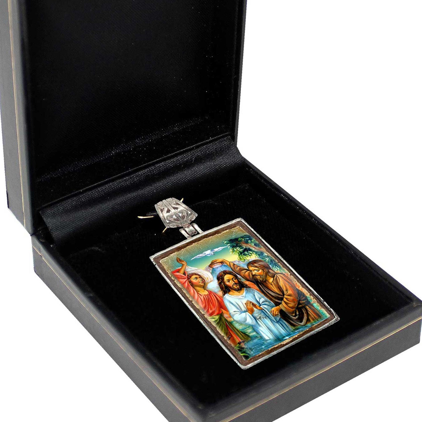 The Holy Family Religious Jewelry Silver Plated Necklace, Gold-Plated Wooden Cabochon - Orthodox Sacred Icon - Inspirational Icon Decor - 43020R