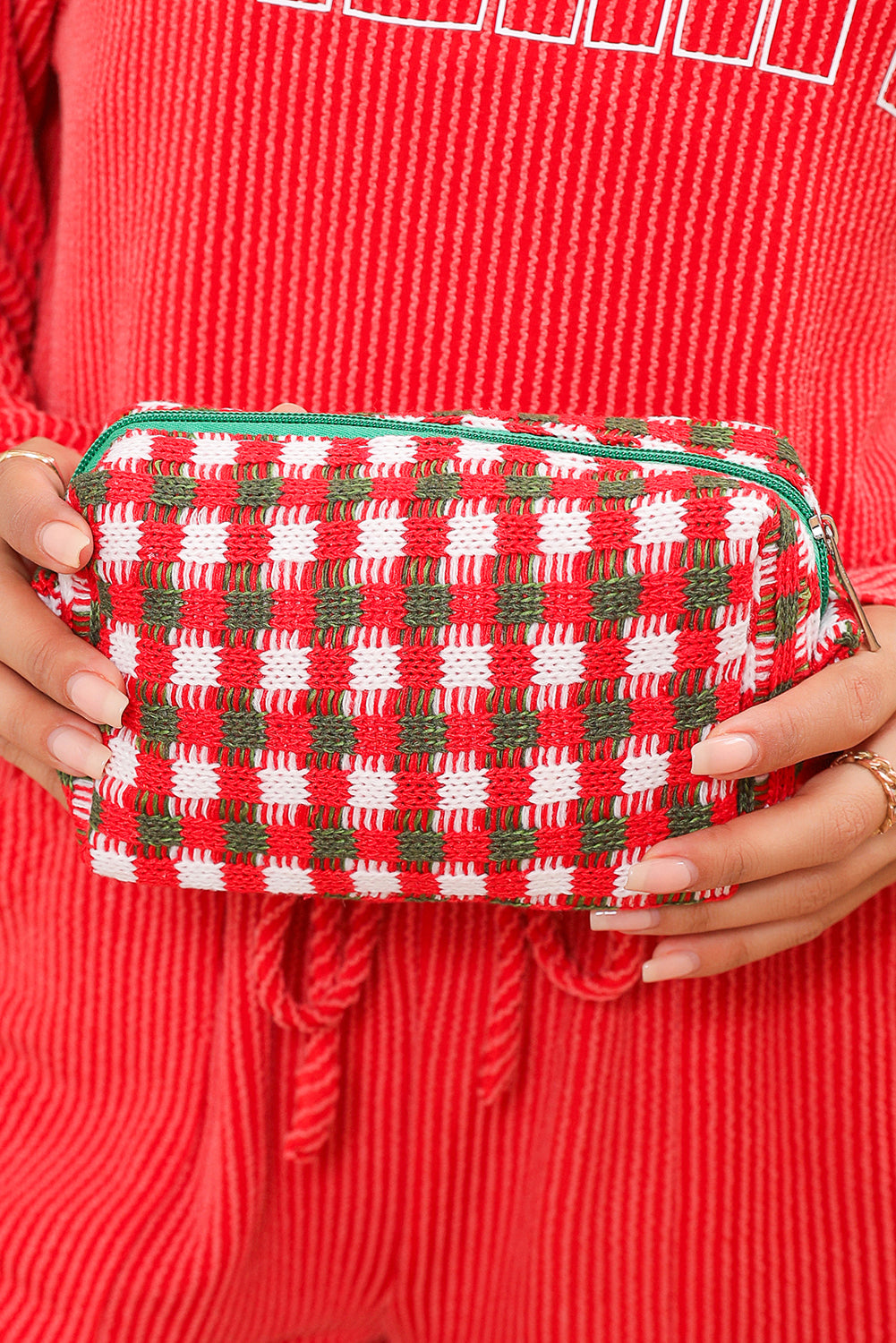 Racing Red Christmas Style Crochet Zipper Square Makeup Bag