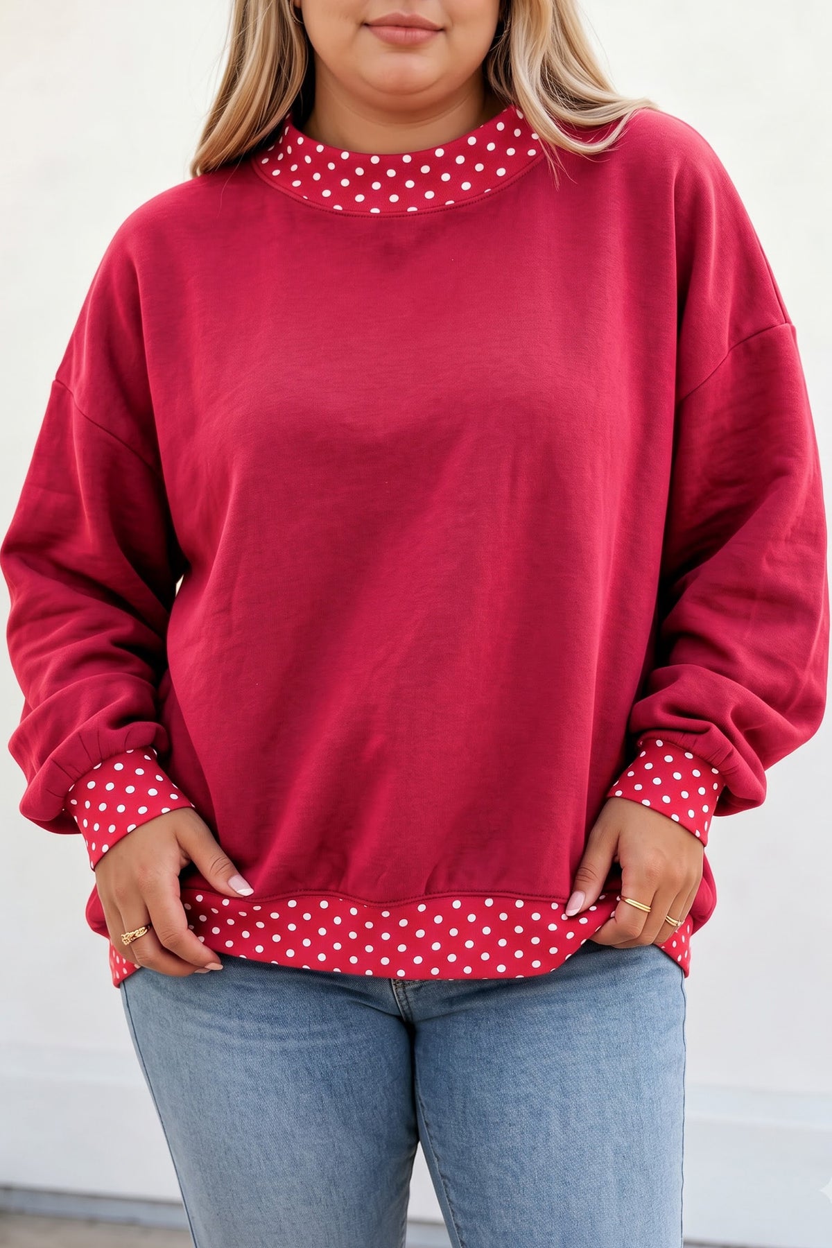 Racing Red Polka Dot Patchwork Round Neck Plus Size Sweatshirt