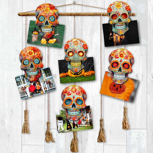 Sugar Skulls Clip-On Eco Wood Decorative Ornaments Set of 6 by G. Debrekht - Halloween Decor - 8090071C-S6