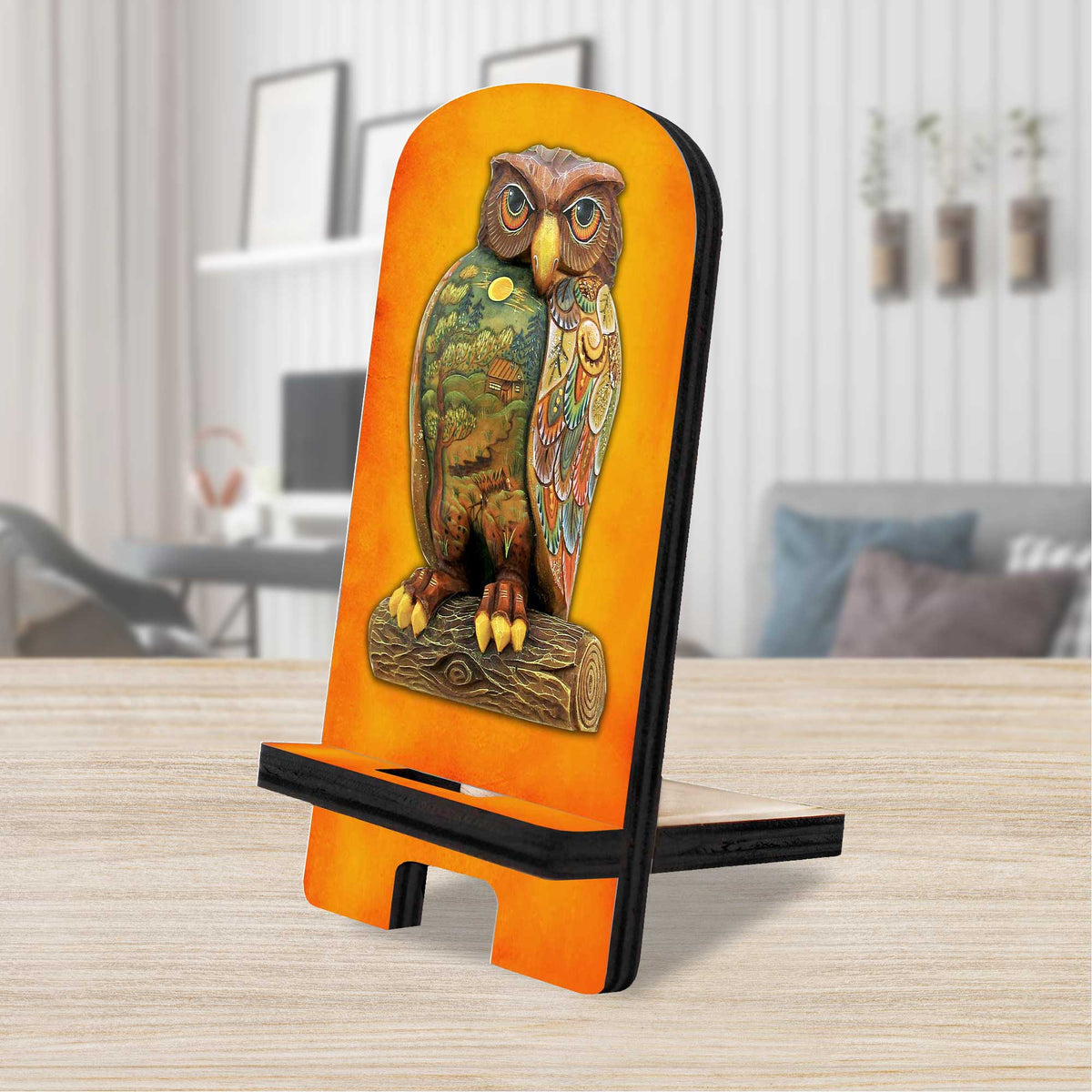 The Owl Cell Phone Stand Halloween Decor Wood Mobile Tablet Holder Charging Station Organizer - 892032