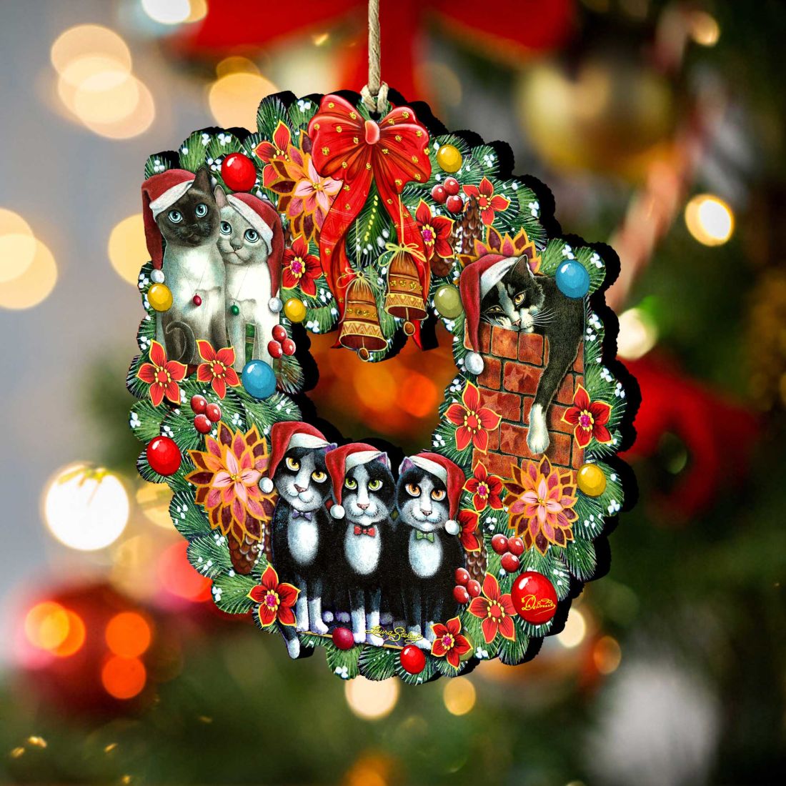 Christmas Friends Kitty Wreath Wooden Ornaments by G. DeBrekht and L. Seeley - Pets Dog and Cats Decor - 8185307-5-SL
