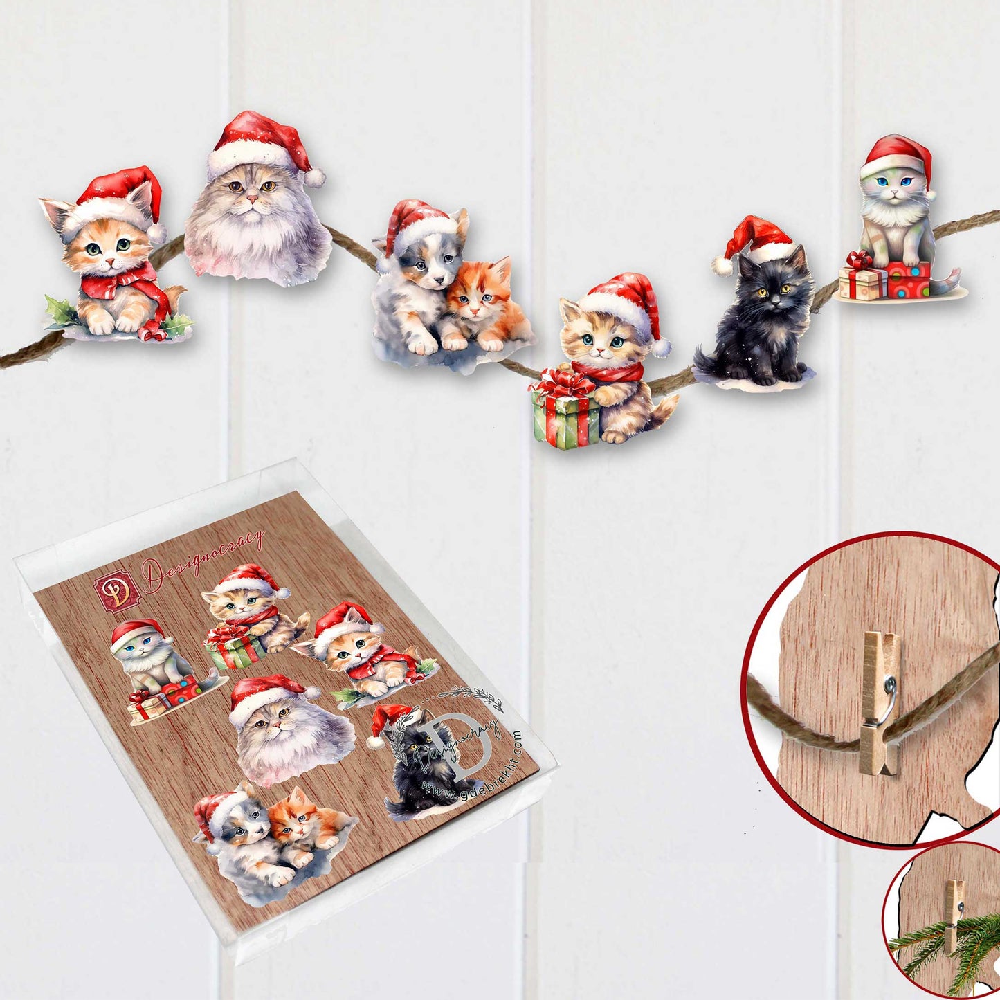 Christmas Cats Clip-On Eco Wood Decorative Ornaments Set of 6 by G. Debrekht - Christmas Decor - 8090016C-S6