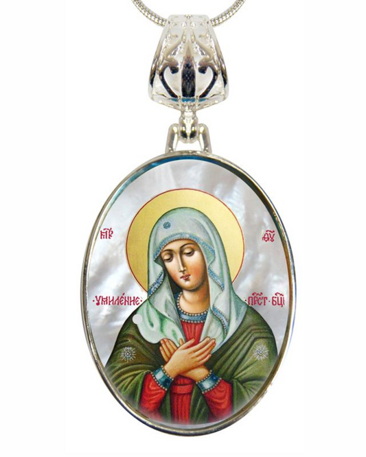 Mother of God Tenderness Silver Plated Mother of Pearl Necklace Jewelry - 43012