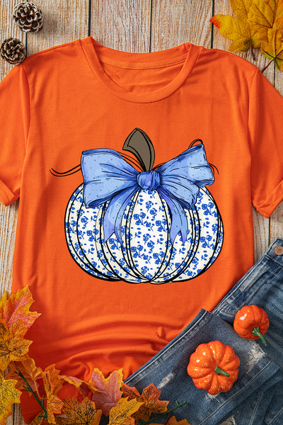 Orange Floral Pumpkin Bow Heat Transfer Printing Thanksgiving T Shirt