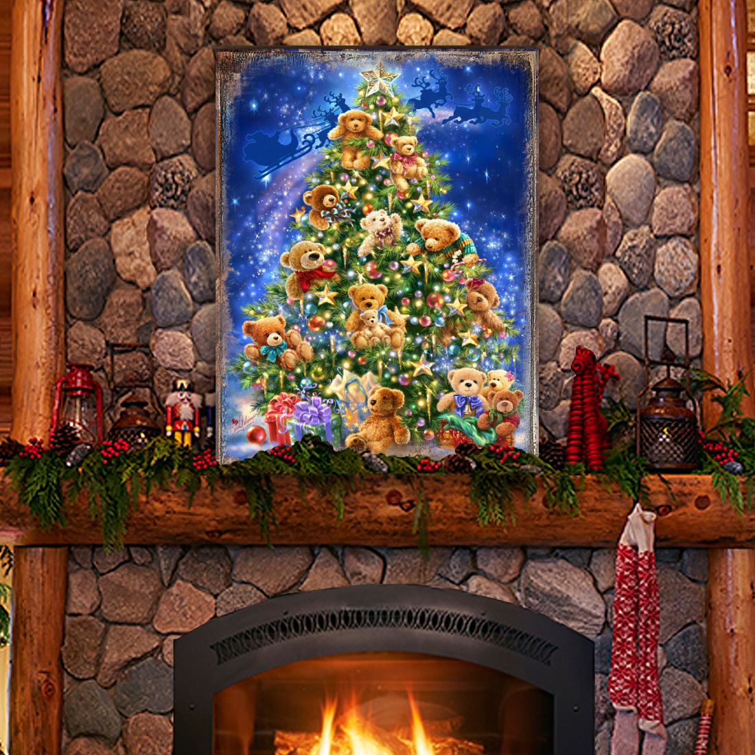 Teddy Bear Tree Wooden Wall Art by D. Gelsinger - Christmas Santa Snowman Decor - 95605B-1101