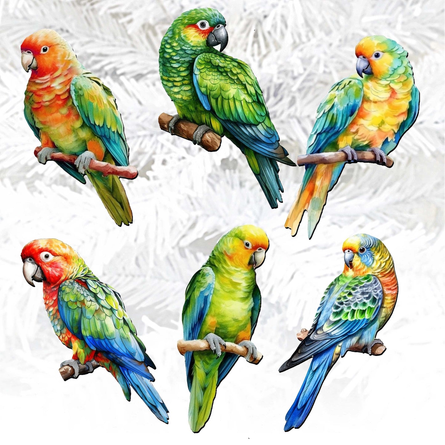 Parrots Clip-On Eco Wood Decorative Ornaments Set of 6 by G. Debrekht - Christmas Decor - 8090013C-S6