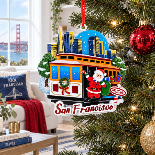 San Francisco Cable Car Santa and City Skyline Resin Christmas Ornament
