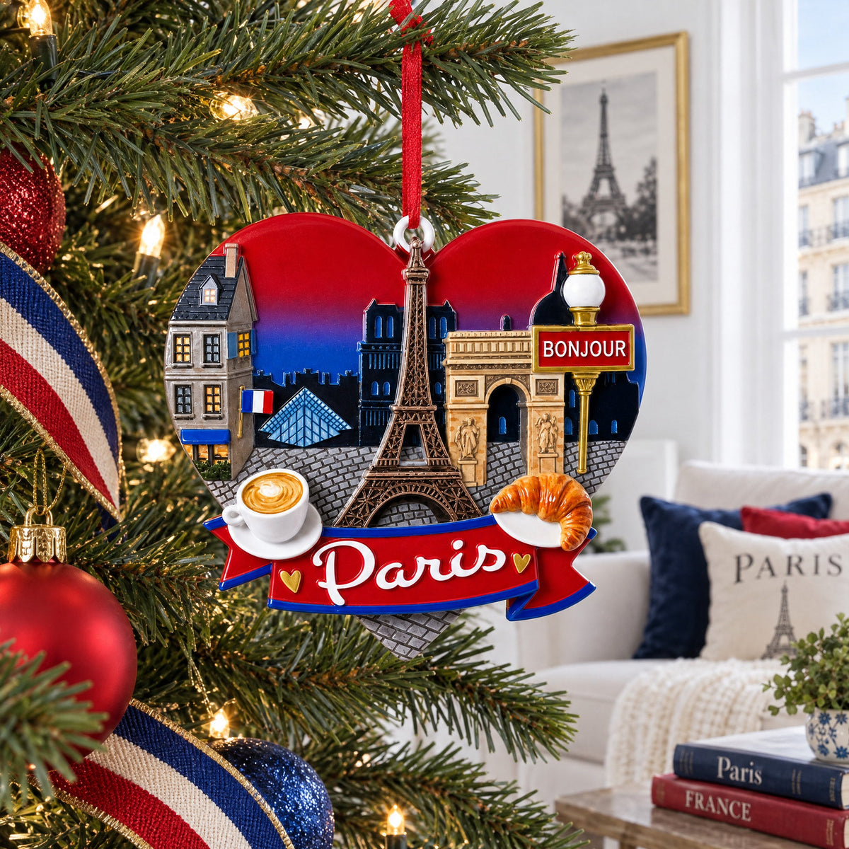 Paris France Travel Souvenir Eiffel Tower Heart Resin Christmas Ornament