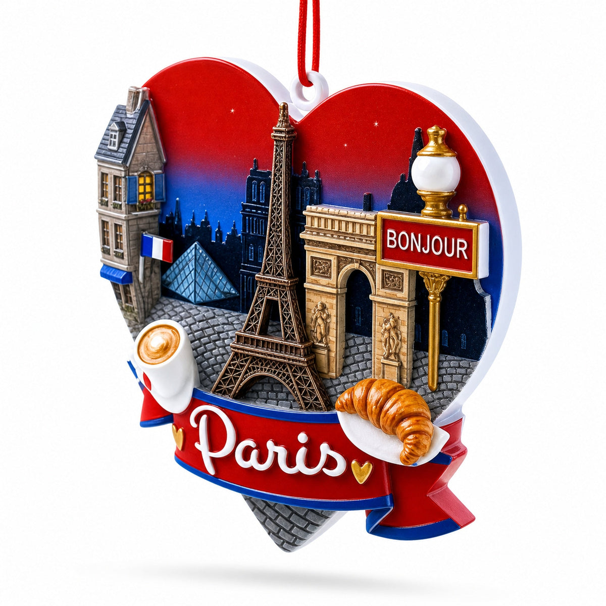 Paris France Travel Souvenir Eiffel Tower Heart Resin Christmas Ornament