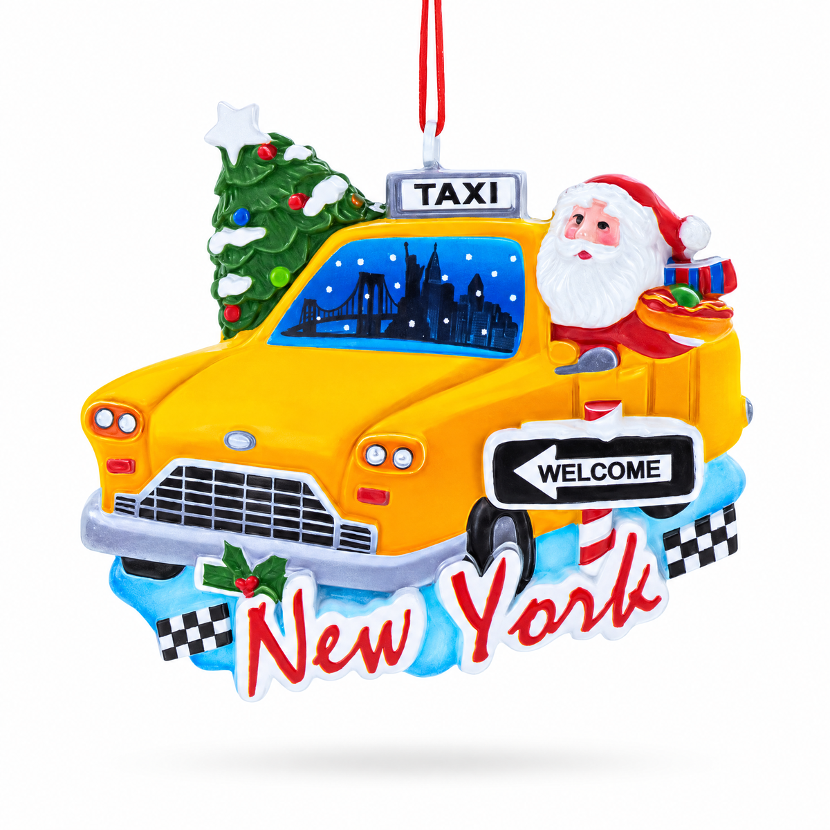 NYC Yellow Cab Santa Travel New York City Resin Christmas Ornament