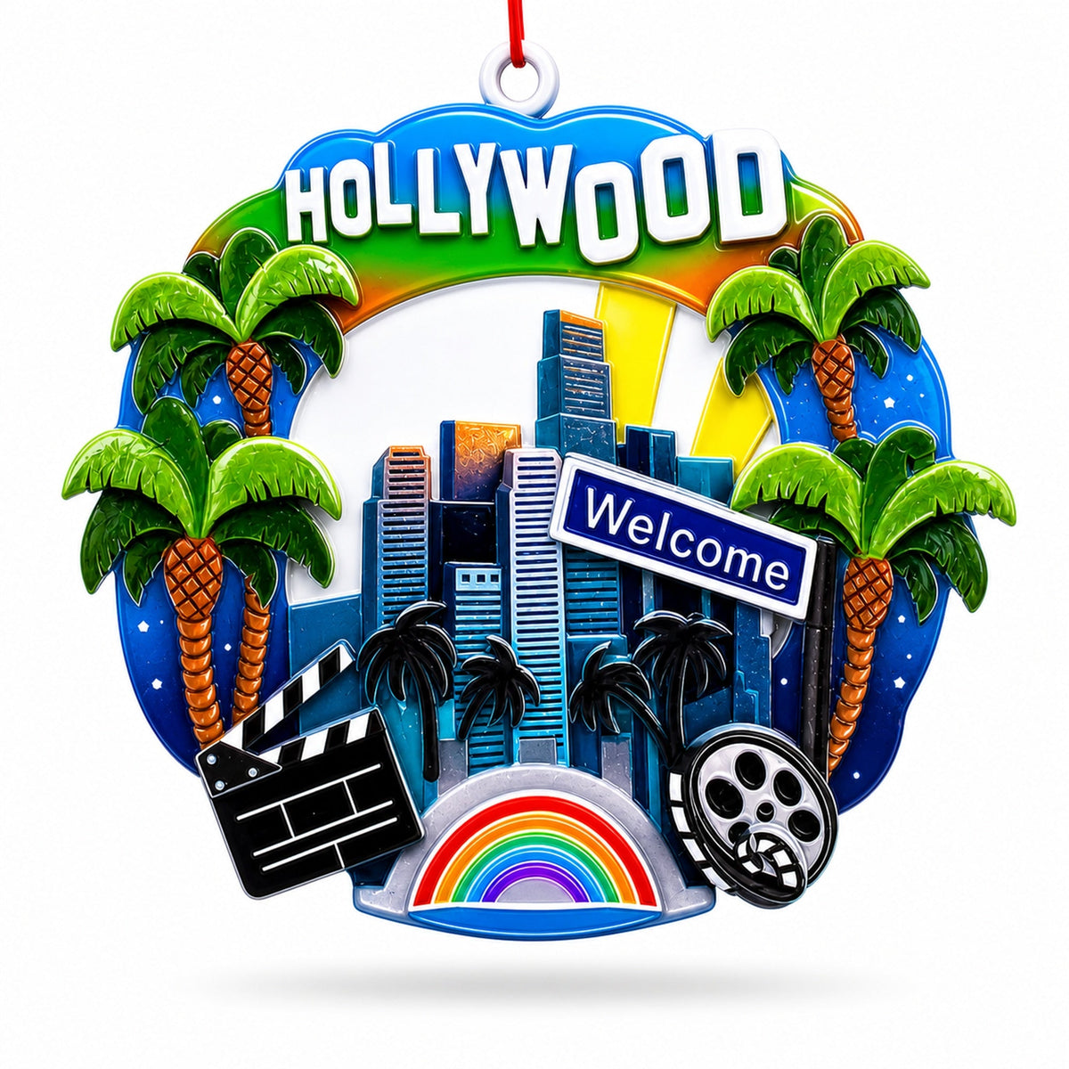 Los Angeles Hollywood Skyline Palm Trees Resin Christmas Ornament