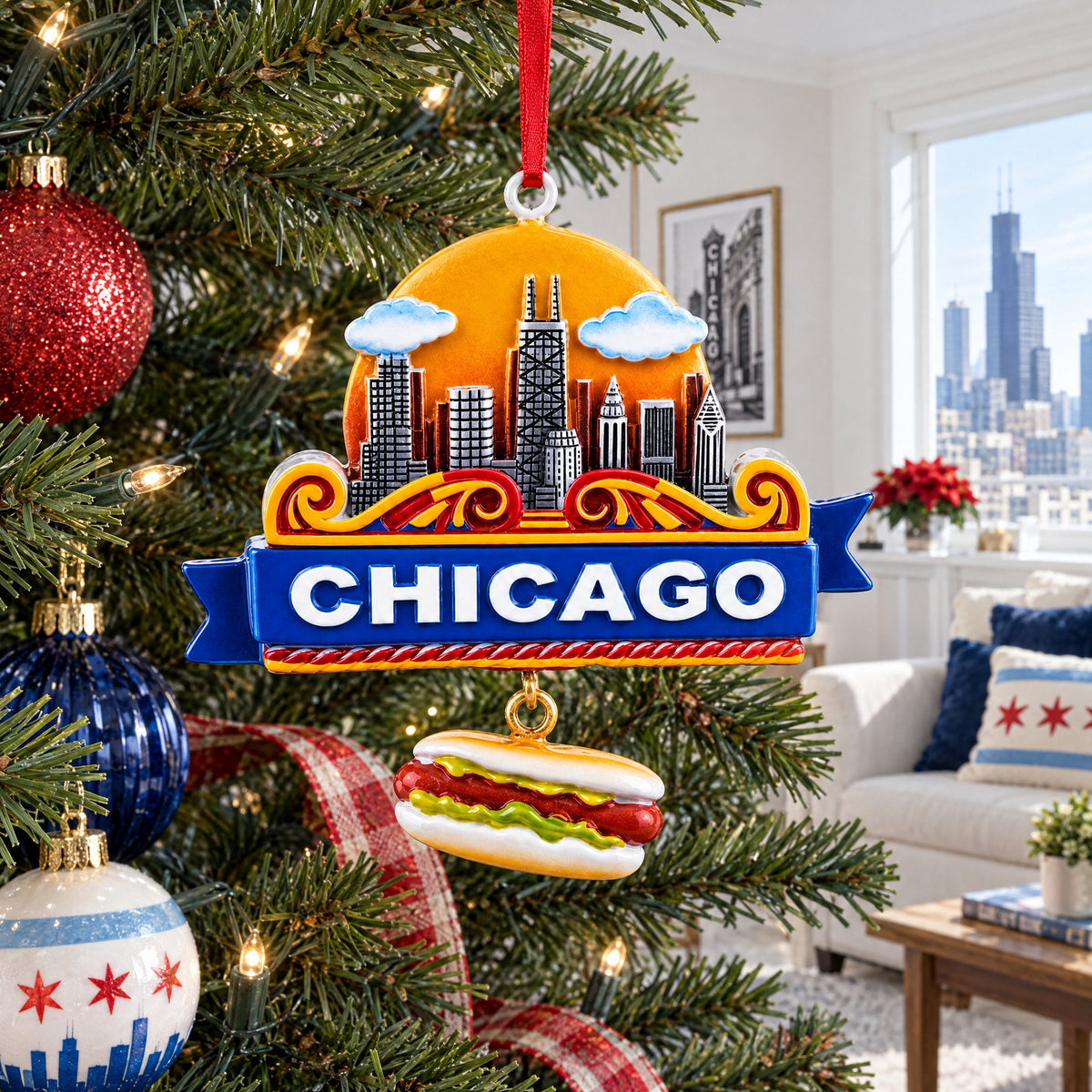 Chicago Skyline Hot Dog Resin Christmas Ornament