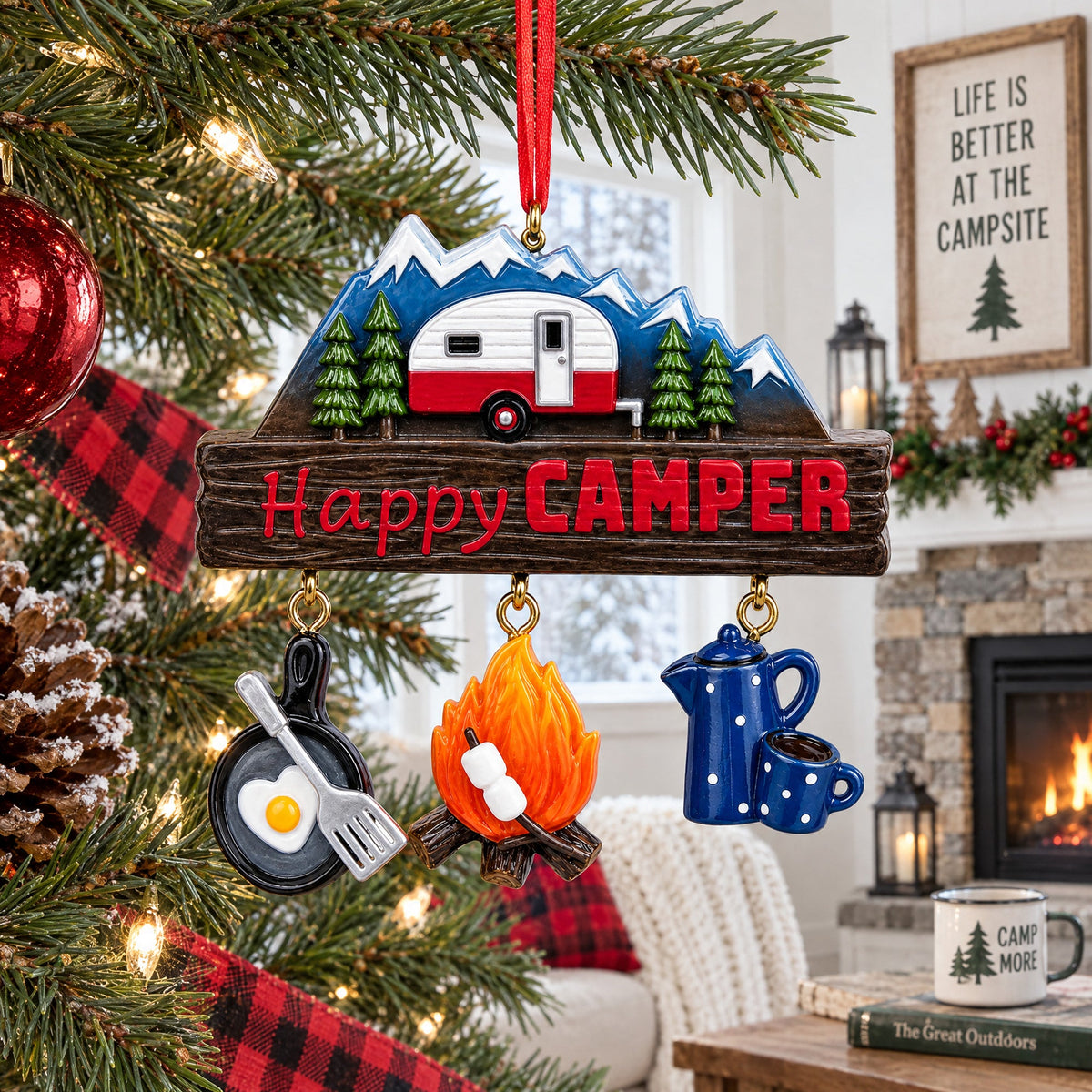 Happy Camper Retro RV Mountain Sign Resin Christmas Ornament