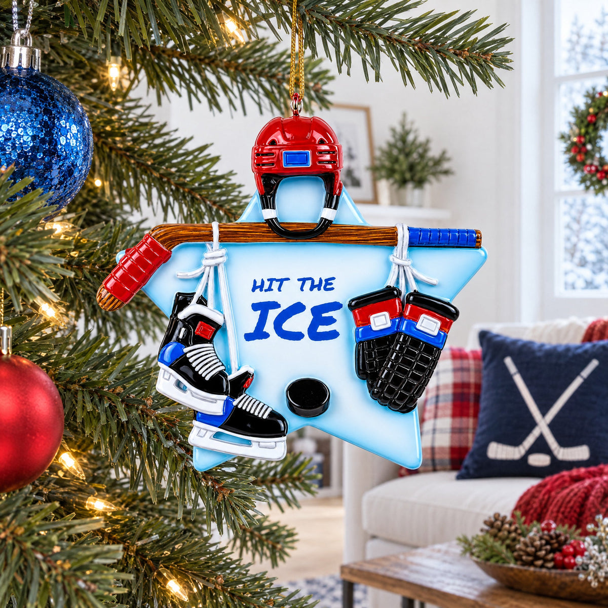 Ice Hockey Star Skates Puck Resin Christmas Ornament