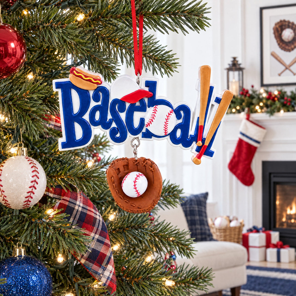 Baseball Word with Glove Bat Resin Christmas Ornament