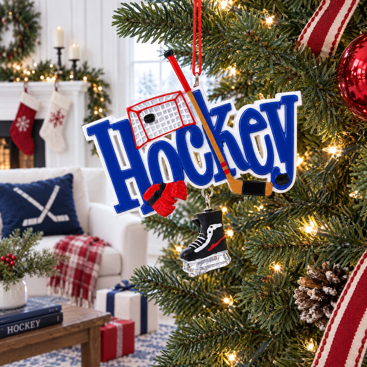 Hockey All Star Skates Stick Picture Frame Resin Christmas Ornament