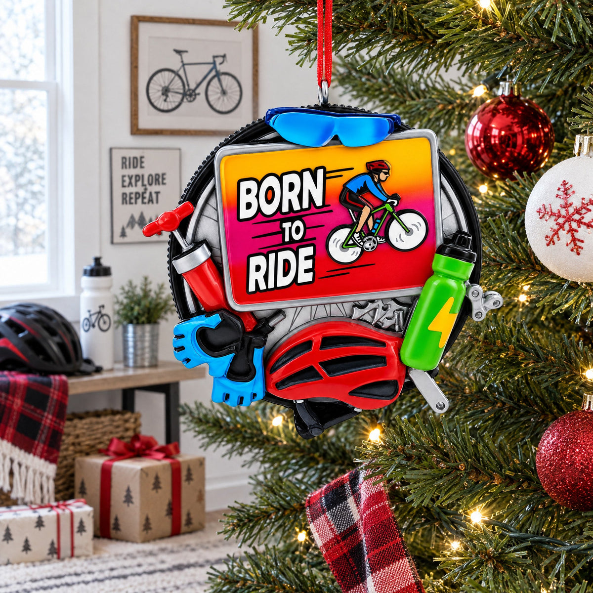 Cycling Born To Ride Bicycle Gear Resin Christmas Ornament