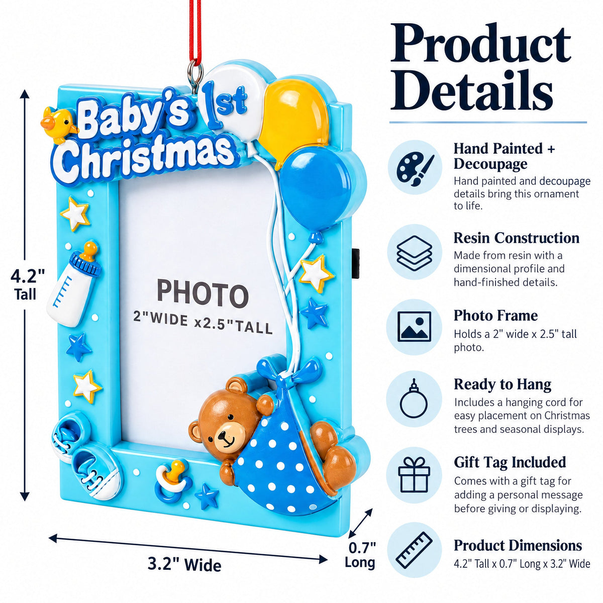 Blue Baby's 1st Christmas Picture Frame Resin Christmas Ornament