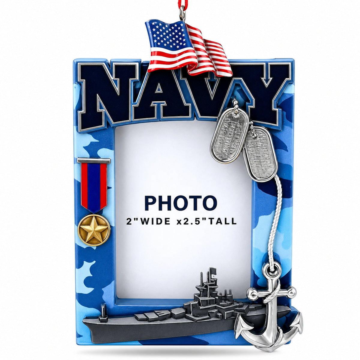 US Navy Camo Patriotic Picture Frame with Ship Resin Christmas Ornament