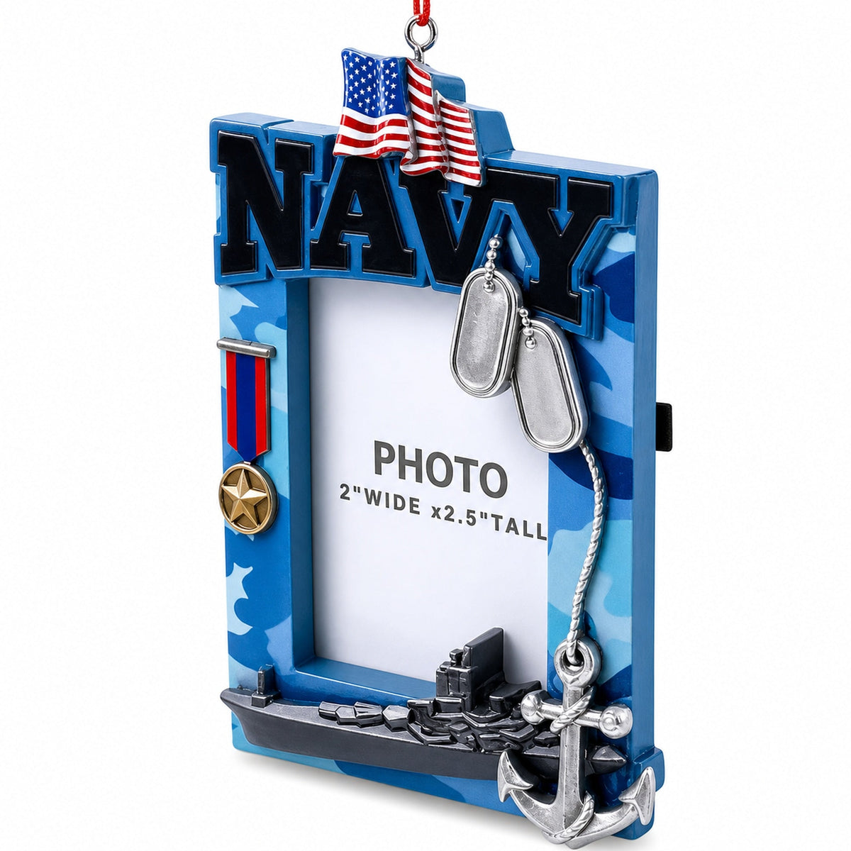 US Navy Camo Patriotic Picture Frame with Ship Resin Christmas Ornament