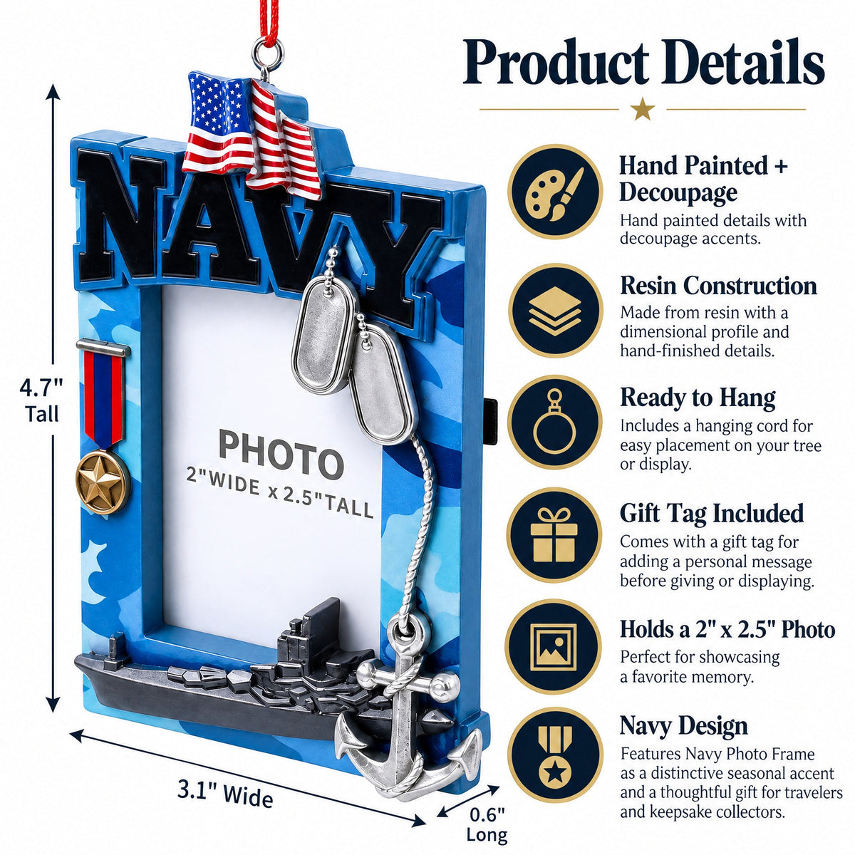 US Navy Camo Patriotic Picture Frame with Ship Resin Christmas Ornament